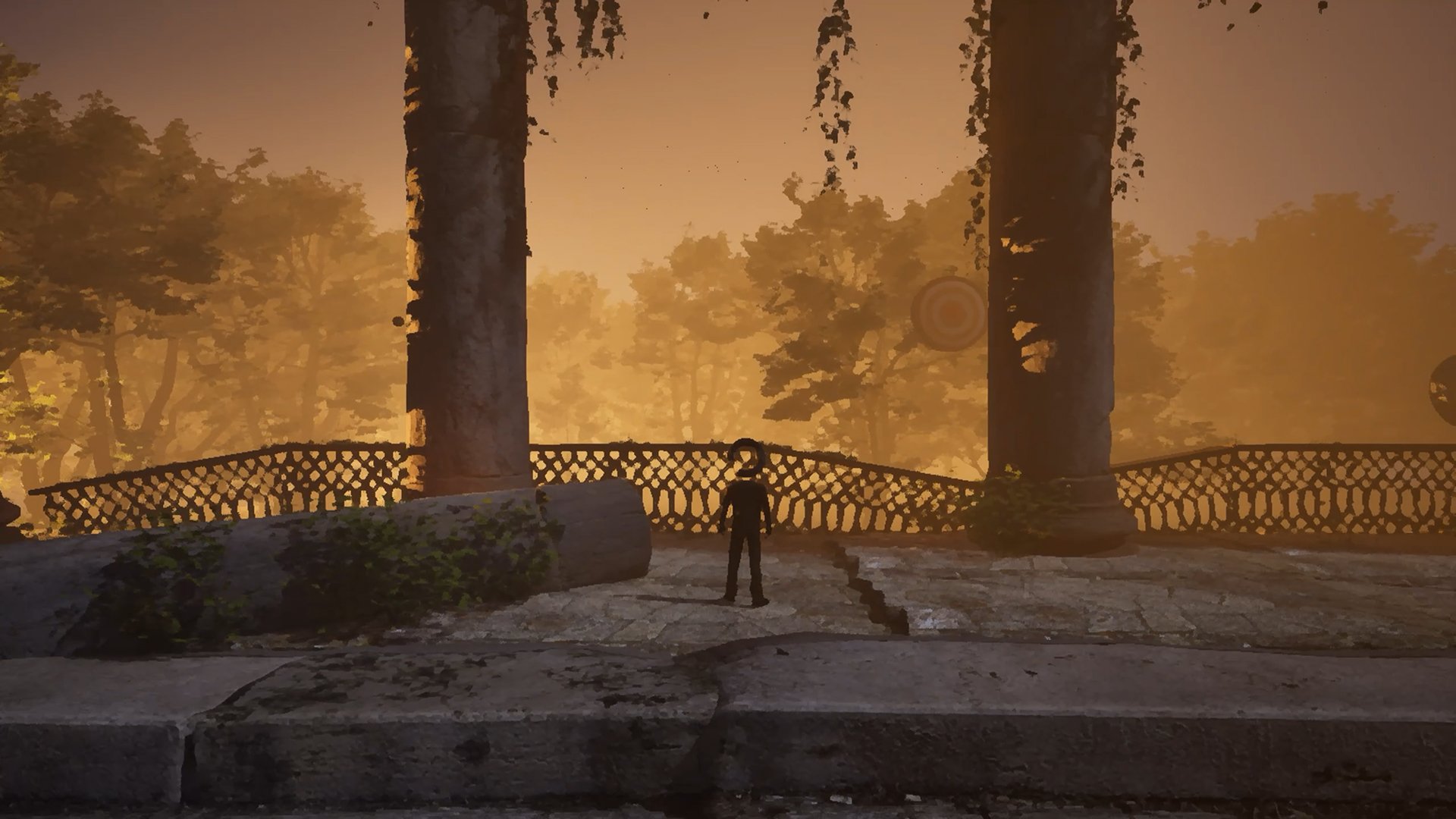 A silhouette of a person stands between two large stone pillars with hanging vines, against a misty orange forest backdrop, conveying a mysterious mood.