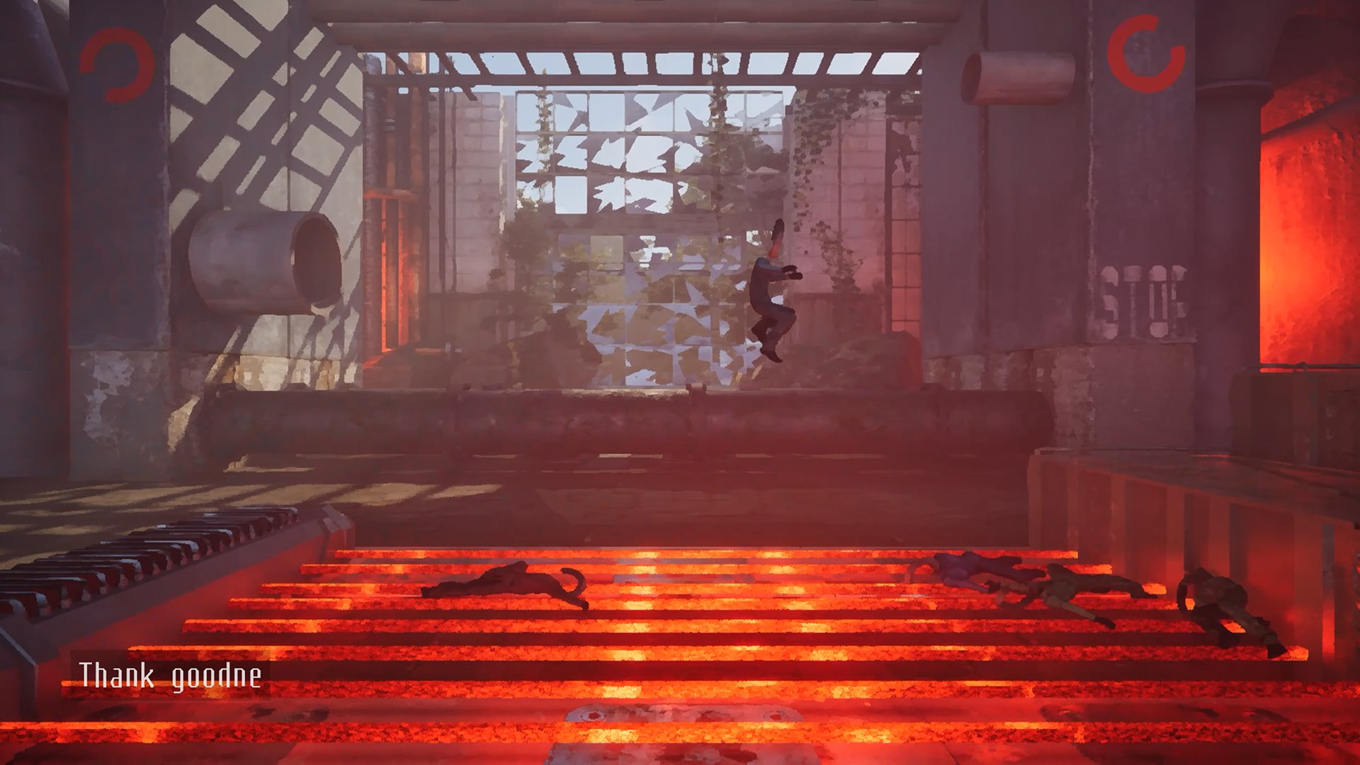 A silhouetted person leaps over glowing red beams inside an industrial structure, surrounded by scattered objects. The scene conveys urgency and tension.