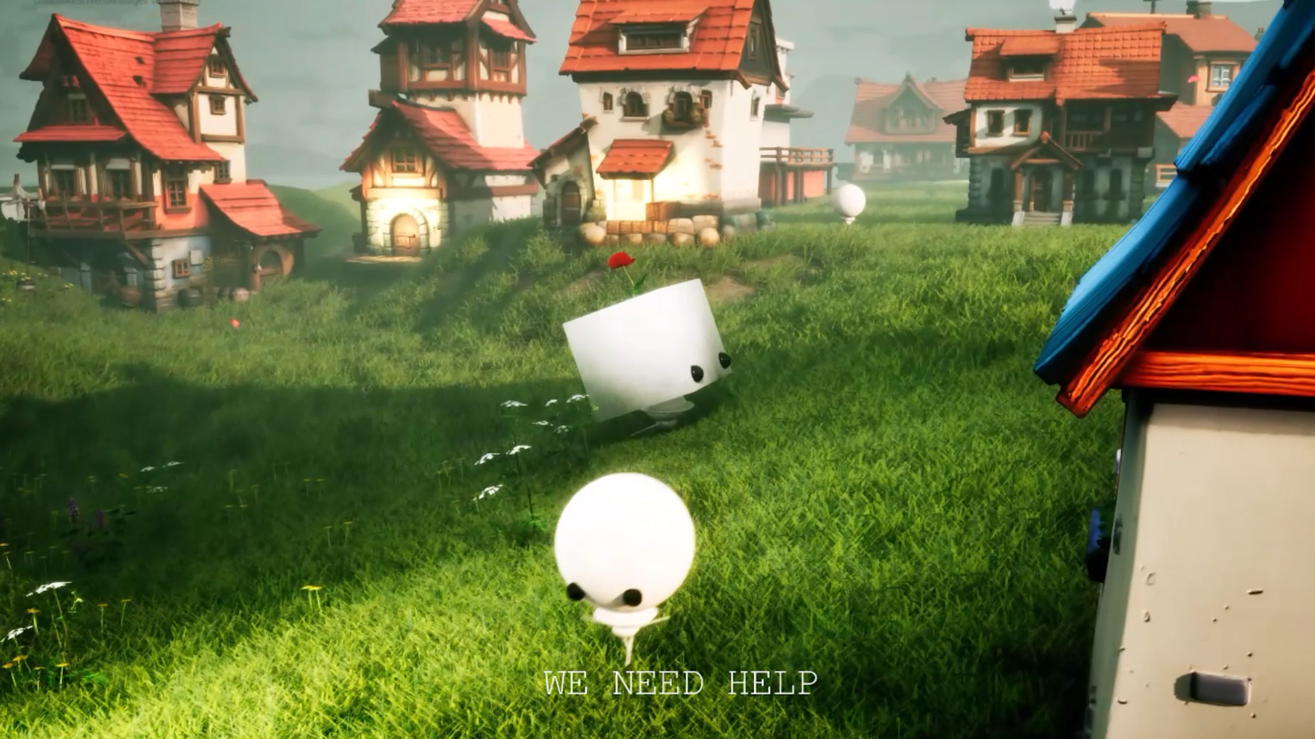 A whimsical village scene with charming houses featuring red roofs. Cartoonish white characters with simple faces stand on lush green grass. Text reads, "WE NEED HELP." The atmosphere is playful yet slightly concerned.