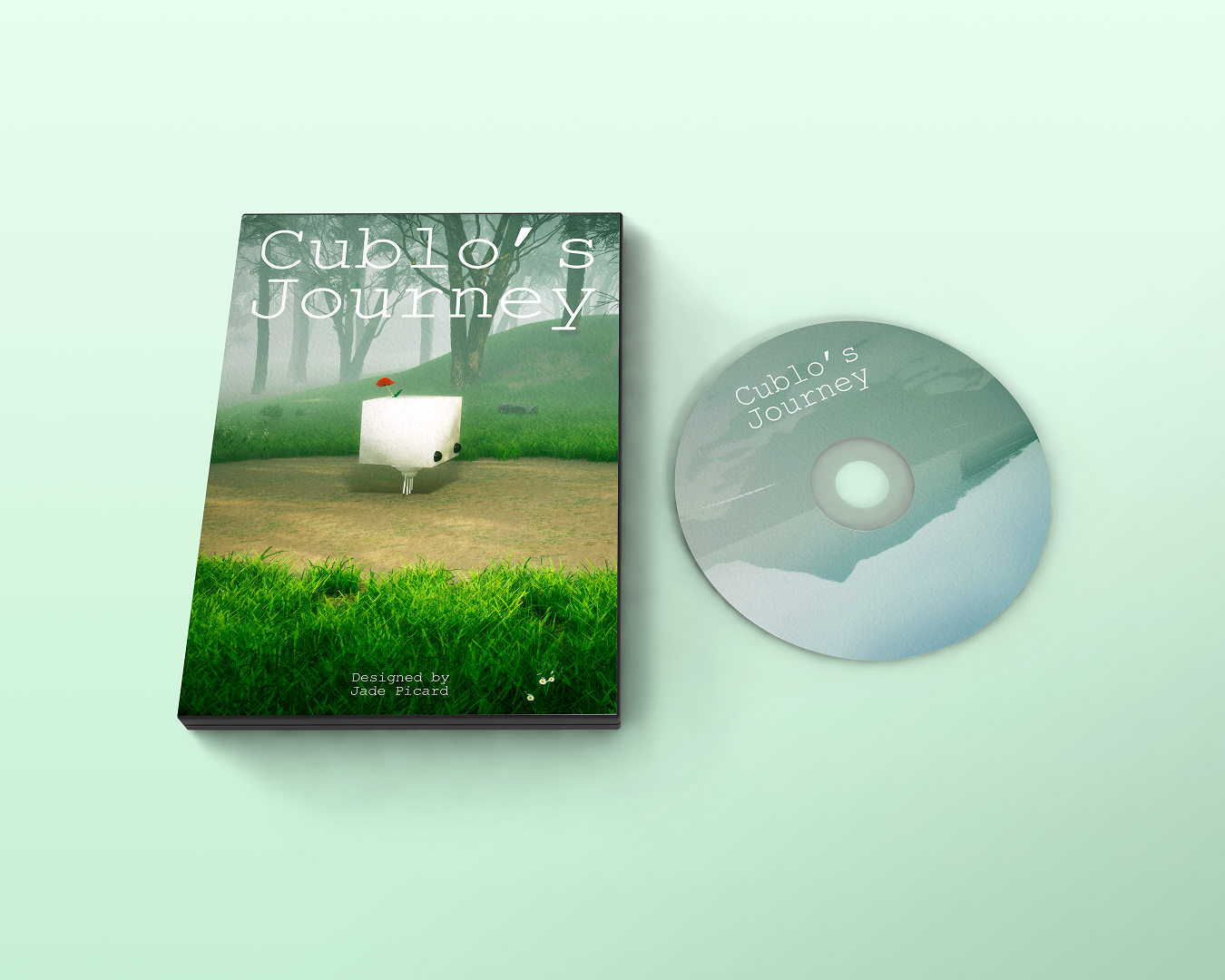Cover of "Cublo's Journey" showing a white cube character on a grassy path in a misty forest. Next to it is a CD with the same title.