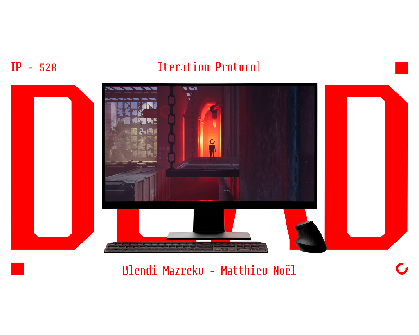 A glowing computer screen displays a dimly lit room in shadowy red tones, with a lone figure and hanging chains. The text "Iteration Protocol" and "Blendi Mazreku - Matthieu Noël" appear around it. Bold red elements contrast with a white background, conve