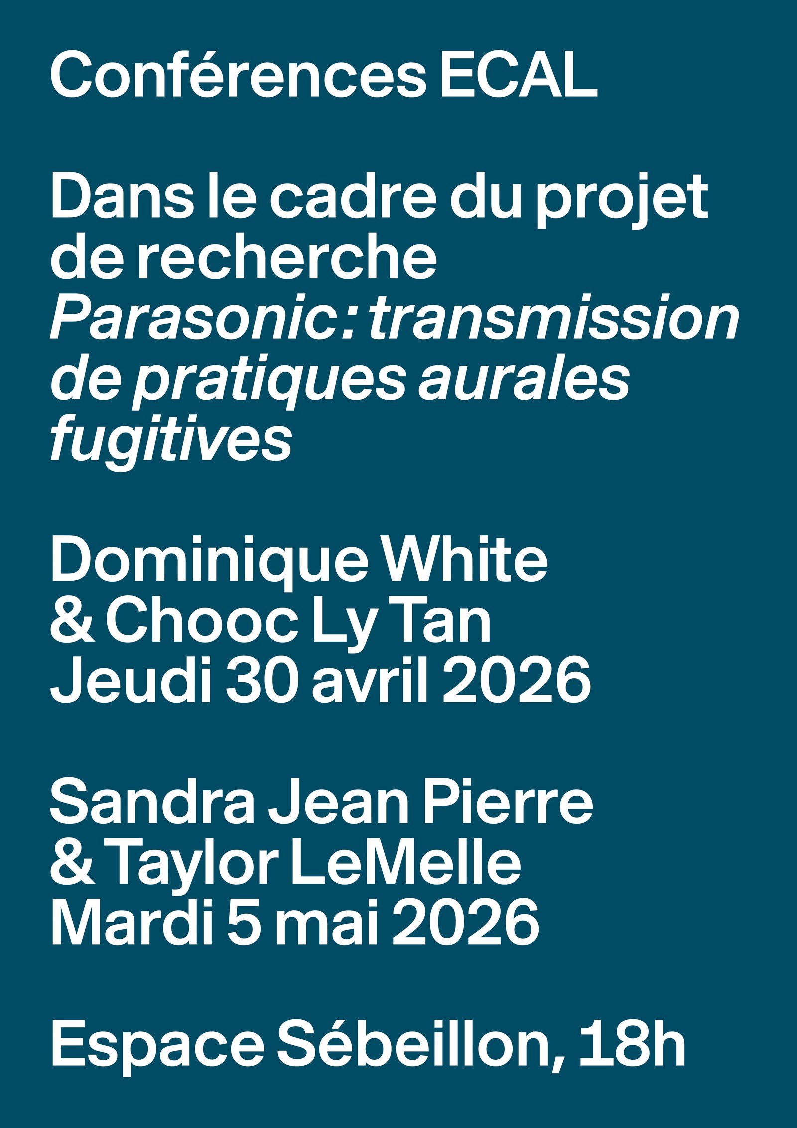 ECAL Conferences – Parasonic, 30.04–04.05.2026, Espace Sébeillon, Lausanne