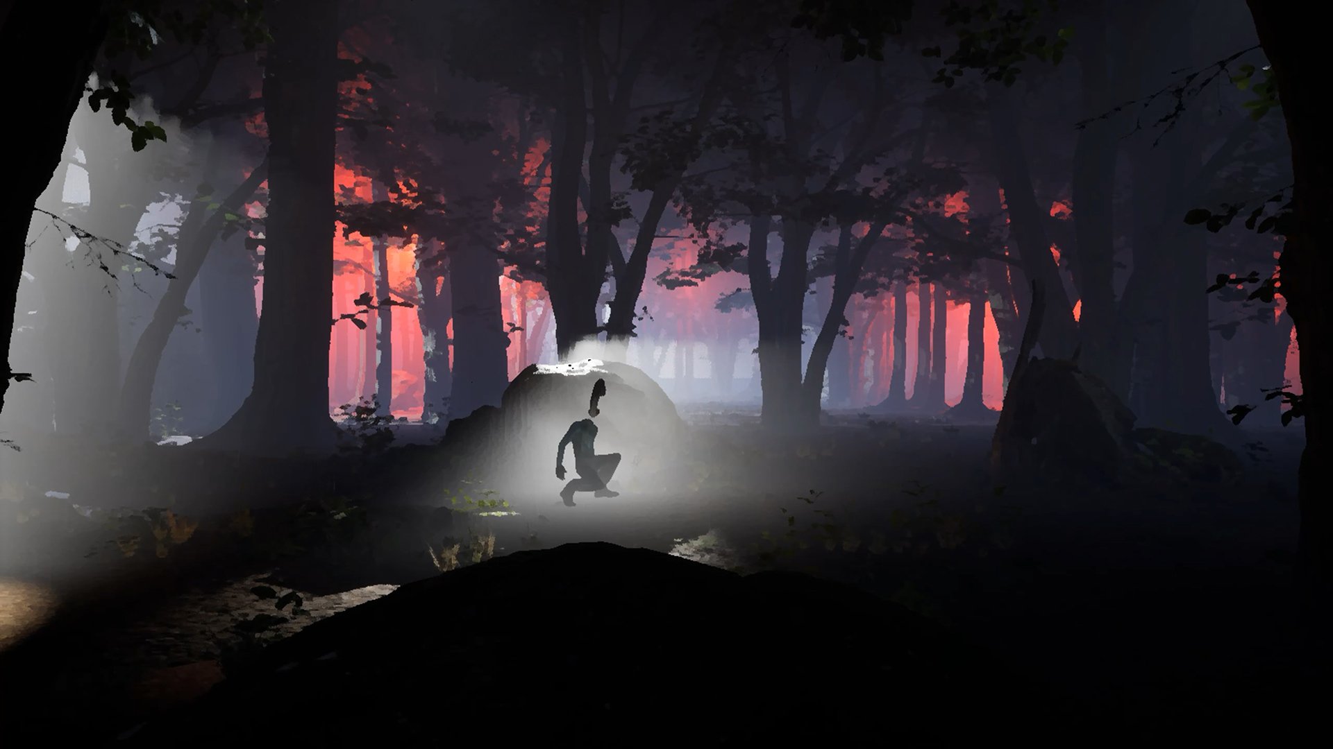 A silhouetted figure kneels in a dimly lit forest. A glowing light behind them casts eerie shadows, with the background ablaze in deep red hues. Mystical and tense.