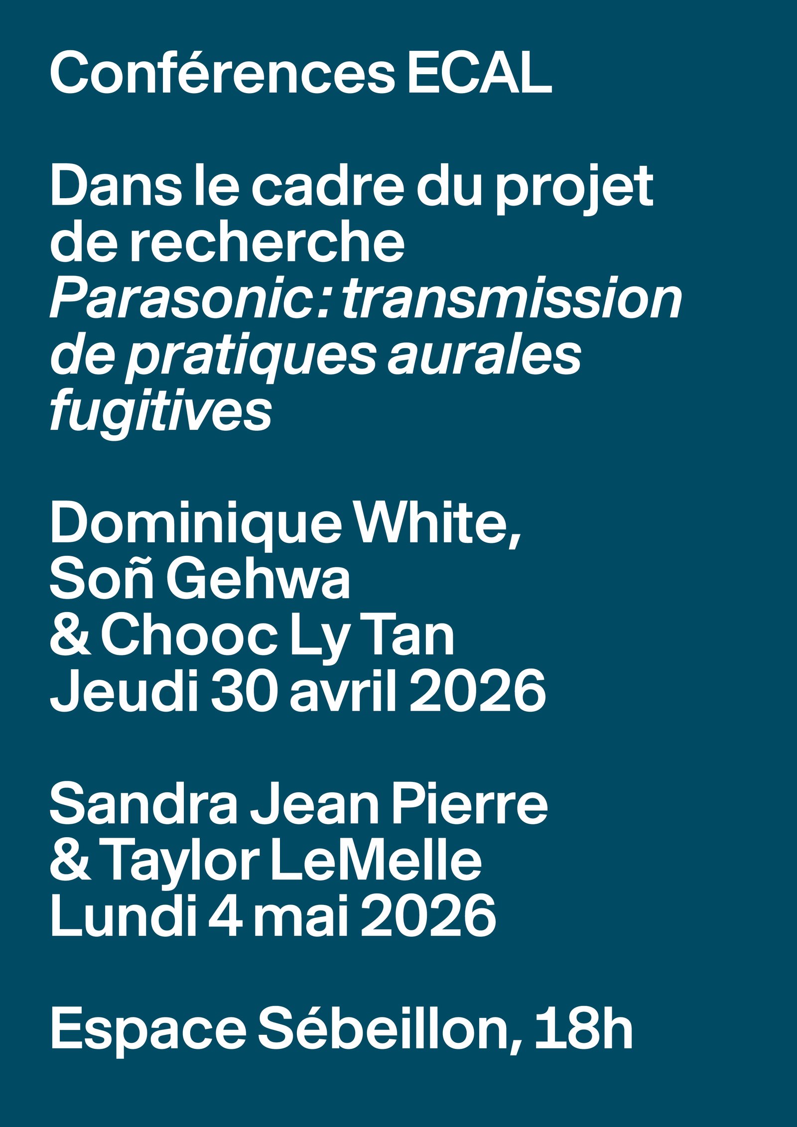 ECAL Conferences – Parasonic, 30.04–04.05.2026, Espace Sébeillon, Lausanne