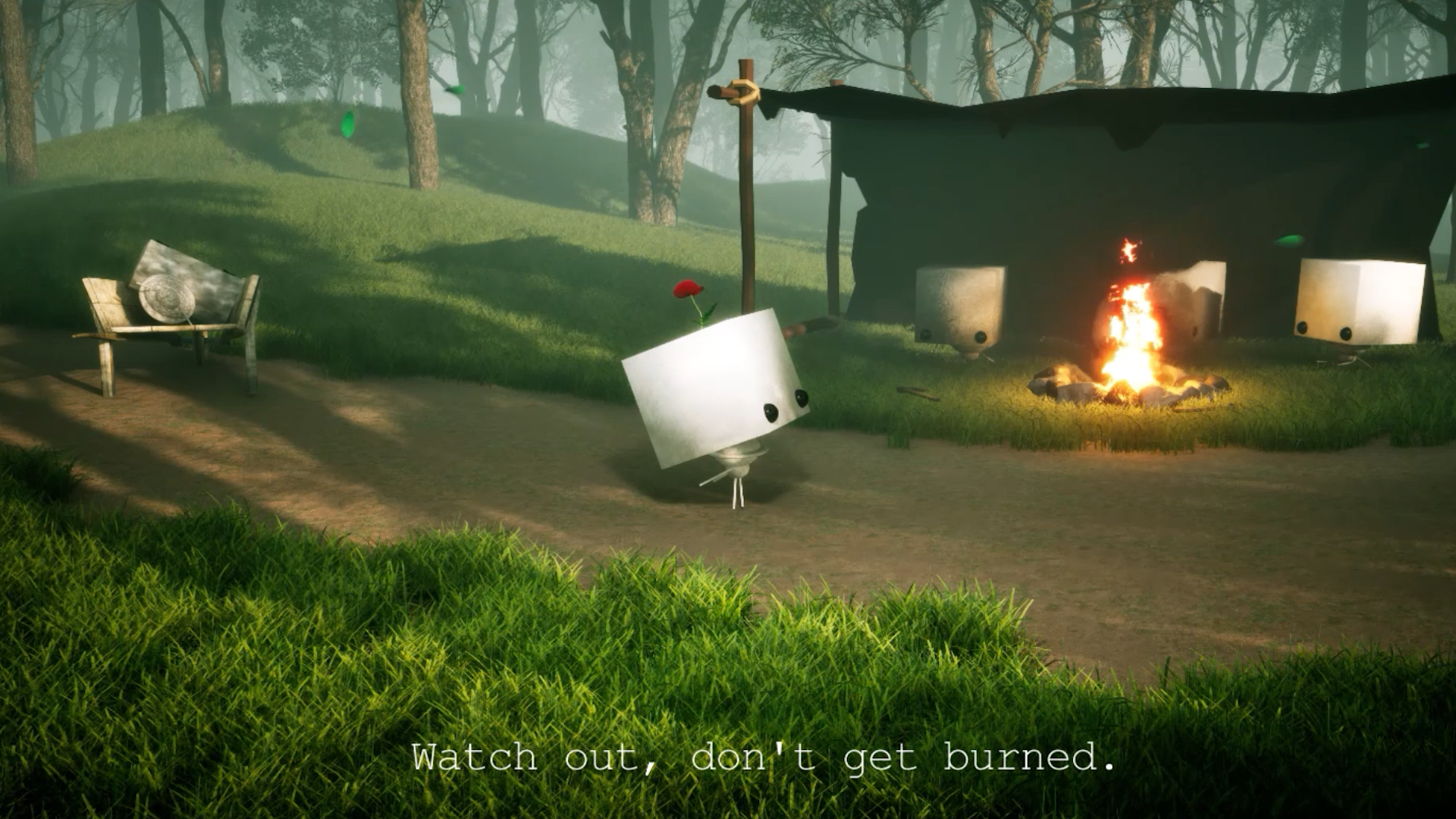 A whimsical scene with cube-shaped characters with eyes and legs, one near a campfire, others by a tent in a forest clearing, with text: "Watch out, don't get burned."