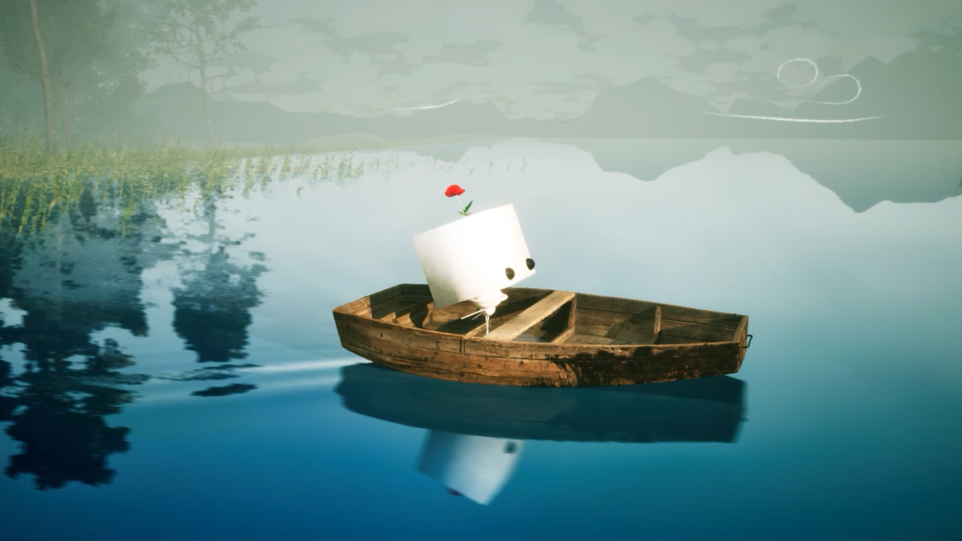 A small, empty wooden boat with a cube featuring a face and a red flower on top, floats on a calm blue lake. Misty trees and mountains are reflected in the tranquil water.