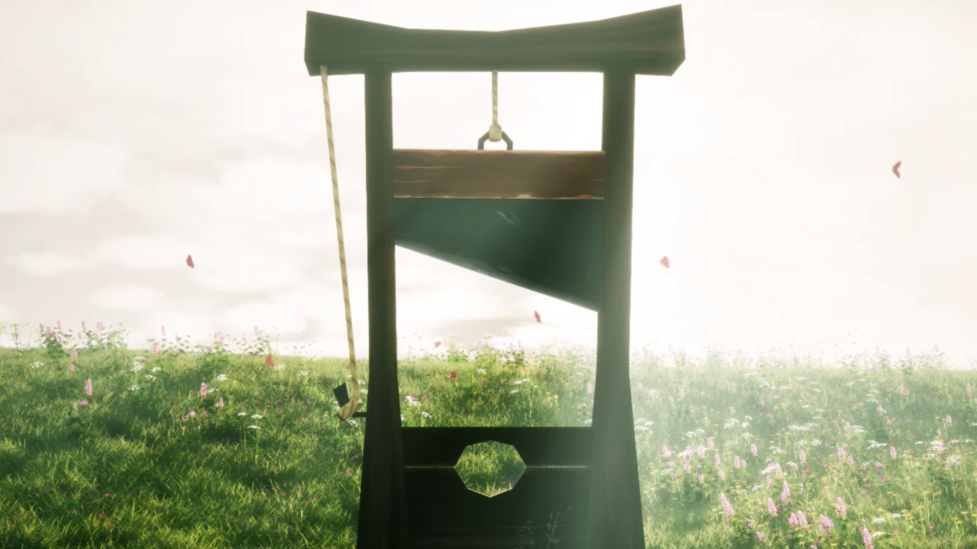 A guillotine silhouetted against a bright sky, surrounded by a grassy field with wildflowers. Red petals float gently in the air, creating a serene yet somber tone.